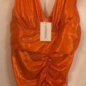 Loragal Shiny Orange with faux fur on the shoulders Dress! NWT!